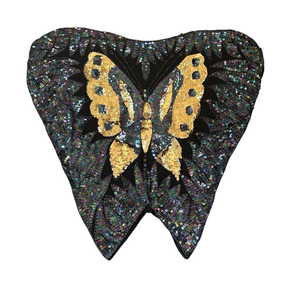 Vintage 70s Dark Rainbow & Gold Sequin Butterfly Top 100% Silk Festival Boho OS - Picture 6 of 17